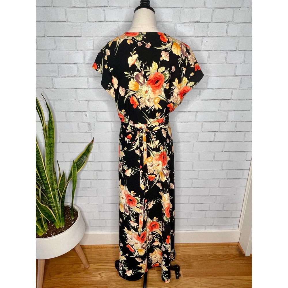Anthropologie Dark Floral WRAP Midi "Home Spun Romance" Dress Black L 10 12 - Picture 4 of 7